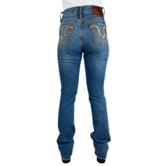 Calça Feminina Flare Miss Country Jeans Azul Médio Com Bordado No Bolso E Brilho Ref.1043