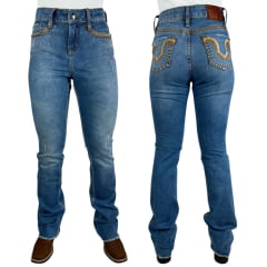 Calça Feminina Flare Miss Country Jeans Azul Médio Com Bordado No Bolso E Brilho Ref.1043
