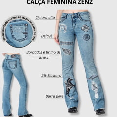 Calça Feminina Zenz Jeans Azul Delavê Flare Com Bordados de Ferradura, Cavalo e Brilho de Strass - Ref. 1302 Violet