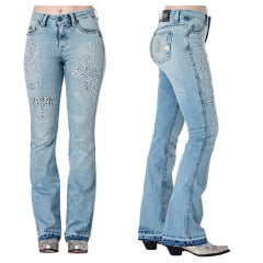 Calça Feminina Zenz Jeans Azul Delavê Flare Com Bordados de Ferradura, Estrela e  Brilho de Strass - Ref. 1295 Margot