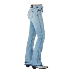 Calça Feminina Zenz Jeans Azul Delavê Flare Com Bordados de Ferradura, Estrela e  Brilho de Strass - Ref. 1295 Margot