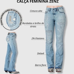 Calça Feminina Zenz Jeans Azul Delavê Flare Com Bordados de Ferradura, Estrela e  Brilho de Strass - Ref. 1295 Margot