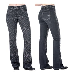 Calça Feminina Zenz Jeans Preta Flare Com Pedrarias e Brilho de Strass - Ref. 1278