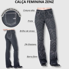 Calça Feminina Zenz Jeans Preta Flare Com Pedrarias e Brilho de Strass - Ref. 1278