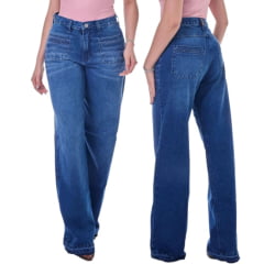Calça Feminina Radade Wide Leg Azul Detalhe Trançado