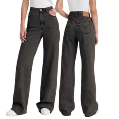 Calça Feminina Levi's Jeans Preto Ribcage Wide Leg A Super High Rise Slim Com Barra Extra Flare Ref:A 60810011