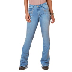 Calça Feminina Minuty Jeans Azul Claro Cós Médio Com Barra Desfiada Flare Com Bordado Strass Ref.241738