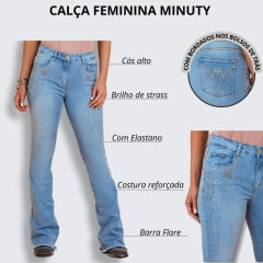 Calça Feminina Minuty Jeans Azul Claro Cós Médio Com Barra Desfiada Flare Com Bordado Strass Ref.241738