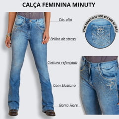 Calça Feminina Minuty Jeans Azul Cós Médio Flare Com Bordado e Strass Ref.241719