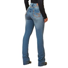 Calça Feminina Minuty Jeans Azul Manchado Cós Médio Com Bordado Bolsos e Estrelas de Strass - Barra Flare Ref.241706