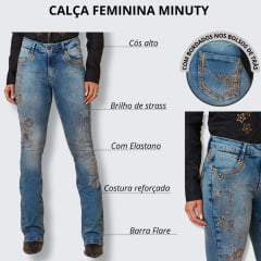 Calça Feminina Minuty Jeans Azul Manchado Cós Médio Com Bordado Bolsos e Estrelas de Strass - Barra Flare Ref.241706