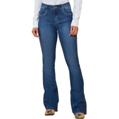 Calça Feminina Minuty Jeans Azul Médio Cós Médio Flare Com Bordado Em Azul e Strass Bolsos Ref.241737