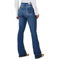 Calça Feminina Minuty Jeans Azul Médio Cós Médio Flare Com Bordado Em Azul e Strass Bolsos Ref.241737