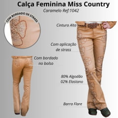 Calça Feminina Miss Country Camel Caramelo De Sarja C/ Bordados Em Flores Brilhantes Ref:1042