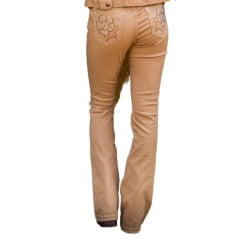 Calça Feminina Miss Country Camel Caramelo De Sarja C/ Bordados Em Flores Brilhantes Ref:1042