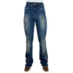 Calça Feminina Miss Country Jeans Azul Escuro Flare Com Bordados Coloridos E Strass Ref.1039