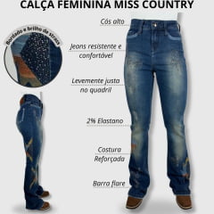 Calça Feminina Miss Country Jeans Azul Escuro Flare Com Bordados Coloridos E Strass Ref.1039