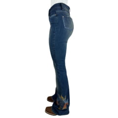 Calça Feminina Miss Country Jeans Azul Escuro Flare Com Bordados Coloridos E Strass Ref.1039