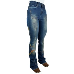 Calça Feminina Miss Country Jeans Azul Escuro Flare Com Bordados Coloridos E Strass Ref.1039