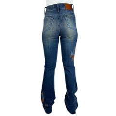 Calça Feminina Miss Country Jeans Azul Escuro Flare Com Bordados Coloridos E Strass Ref.1039