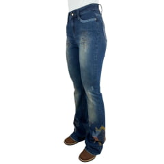 Calça Feminina Miss Country Jeans Azul Escuro Flare Com Bordados Coloridos E Strass Ref.1039