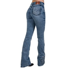 Calça Feminina Miss Country Jeans Delavê Las Vegas Com Aplicação Prata Modelo Flare - Ref.1047