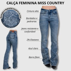 Calça Feminina Miss Country Jeans Delavê Las Vegas Com Aplicação Prata Modelo Flare - Ref.1047