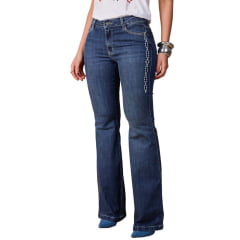 Calça Feminina Moon Horse Jeans Azul Bootcut Dust Bordado Florão Nos Bolsos E Lateral Em Cru Ref:01.03.160