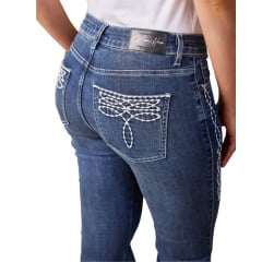Calça Feminina Moon Horse Jeans Azul Bootcut Dust Bordado Florão Nos Bolsos E Lateral Em Cru Ref:01.03.160