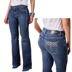 Calça Feminina Moon Horse Jeans Azul Bootcut Dust Bordado Florão Nos Bolsos E Lateral Em Cru Ref:01.03.160