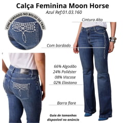 Calça Feminina Moon Horse Jeans Azul Bootcut Dust Bordado Florão Nos Bolsos E Lateral Em Cru Ref:01.03.160