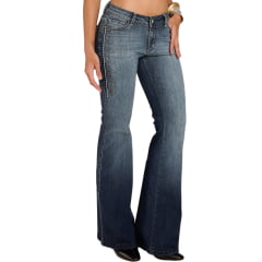 Calça Feminina Moon Horse Jeans Azul Cós Baixo Bordado Flare REF:01.03.170