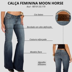 Calça Feminina Moon Horse Jeans Azul Cós Baixo Bordado Flare REF:01.03.170