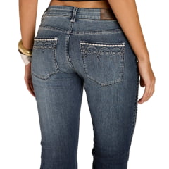 Calça Feminina Moon Horse Jeans Azul Cós Baixo Bordado Flare REF:01.03.170