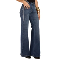 Calça Feminina Moon Horse Azul Médio Wide Leg Any Bordado Branco REF:01.13.166
