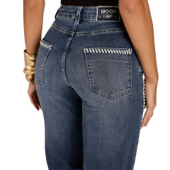 Calça Feminina Moon Horse Azul Médio Wide Leg Any Bordado Branco REF:01.13.166