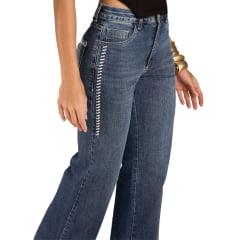 Calça Feminina Moon Horse Azul Médio Wide Leg Any Bordado Branco REF:01.13.166