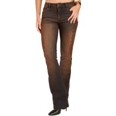Calça Feminina Moon Horse Jeans Manchado Em Marrom Bootcut Malbec Bordado Marrom - REF:01.13.167 Calça Feminina Moon Horse Jeans Manchado Em Marrom Bootcut Malbec Bordado Marrom - REF:01.13.167