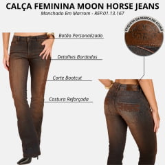 Calça Feminina Moon Horse Jeans Manchado Em Marrom Bootcut Malbec Bordado Marrom - REF:01.13.167