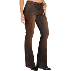 Calça Feminina Moon Horse Jeans Manchado Em Marrom Bootcut Malbec Bordado Marrom - REF:01.13.167