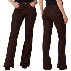 Calça Feminina Moon Horse Jeans Marrom Flare Dark Brown com Tachinhas Douradas Ref: 01.03.135