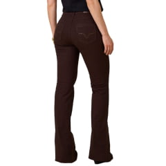 Calça Feminina Moon Horse Jeans Marrom Flare Dark Brown com Tachinhas Douradas Ref: 01.03.135