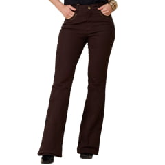 Calça Feminina Moon Horse Jeans Marrom Flare Dark Brown com Tachinhas Douradas Ref: 01.03.135