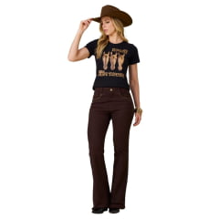 Calça Feminina Moon Horse Jeans Marrom Flare Dark Brown com Tachinhas Douradas Ref: 01.03.135