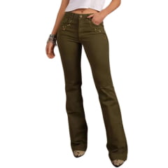 Calça Feminina Moon Horse Jeans Verde Olivia Flare Com Detalhes Taxinhas Dourada Ref:0103144 Calça Feminina Moon Horse Jeans Verde Olivia Flare Com Detalhes Taxinhas Dourada Ref:0103144
