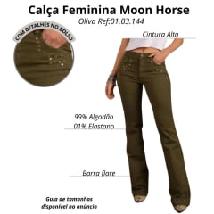 Calça Feminina Moon Horse Jeans Verde Olivia Flare Com Detalhes Taxinhas Dourada Ref:0103144