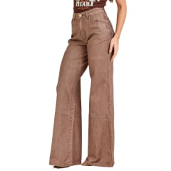 Calça Feminina Moon Horse Jeans Wide Leg Wild Cor Marrom Mescla Com Bordado Marrom E Tachinhas Cobre Ref:01.03.151