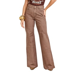 Calça Feminina Moon Horse Jeans Wide Leg Wild Cor Marrom Mescla Com Bordado Marrom E Tachinhas Cobre Ref:01.03.151