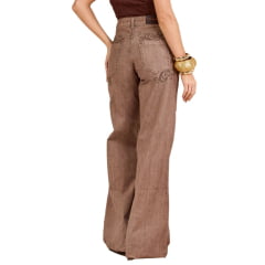 Calça Feminina Moon Horse Jeans Wide Leg Wild Cor Marrom Mescla Com Bordado Marrom E Tachinhas Cobre Ref:01.03.151