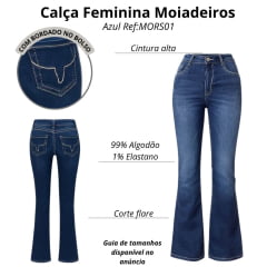 Calça Feminina Os Moiadeiros Jeans Azul Dark Blue Com Linha Branco Flare Ref:MORS01